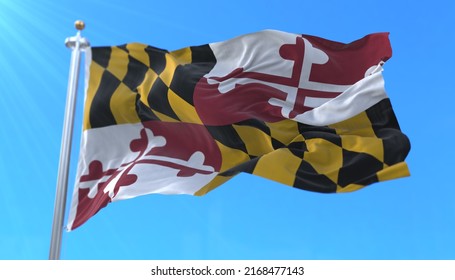 Flag of american state of Maryland, region of the United States, waving at wind. 3d rendering