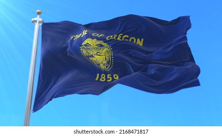 Flag of american state of Oregon, region of the United States, waving at wind. 3d rendering