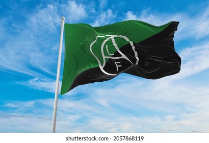 Flag Of Animal Liberation Front   At Cloudy Sky Background On Sunset, Panoramic View. Anarchism Symbol. Copy Space For Wide Banner. 3d Illustration