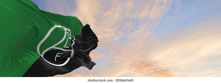 Flag Of Animal Liberation Front   At Cloudy Sky Background On Sunset, Panoramic View. Anarchism Symbol. Copy Space For Wide Banner. 3d Illustration