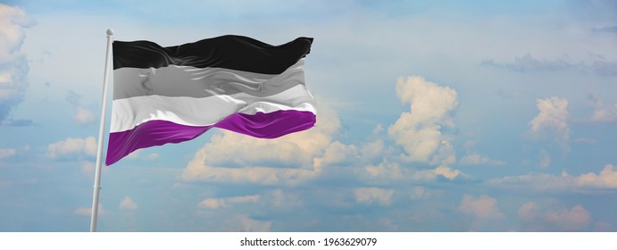 flag of asexuality Pride waving in the wind on flagpole against the sky with clouds on sunny day. panoramic view with copy space for wide banner. 3d illustration
