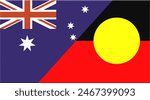 Flag of Australia and Australian Aboriginal flag. Illustration of Aboriginal Australians. Double flag. National symbol of Indigenous peoples of Australia. Official sign of Australia. State symbol.