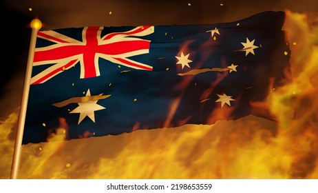 Flag Of Australia Burning In A Forest Fire, War, Crisis, Unrest