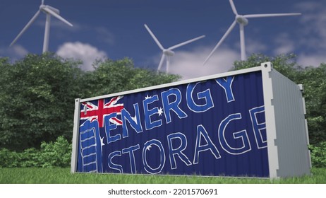 Flag Of Australia And Energy Storage Text On A Battery Container At Wind Turbines,  3D Rendering