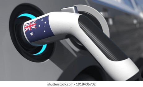 Flag Of Australia On The Charging Plug In An Electric Car. Conceptual  Animation 3D Rendering