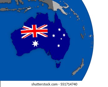 Flag of Australia on simple globe with grey countries and blue ocean. 3D illustration