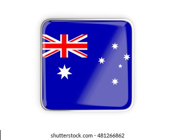 Flag Of Australia, Square Icon With Metallic Border. 3D Illustration