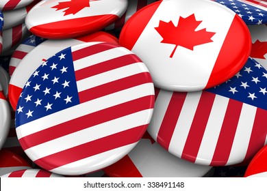 Flag Badges Of America And Canada In Pile - Concept Image For US And Canadian Relations