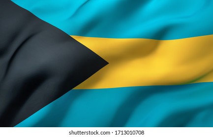 Flag of Bahamas blowing in the wind. Full page Bahamian flying flag. 3D illustration.