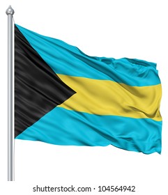 Flag of Bahamas with flagpole waving in the wind against white background