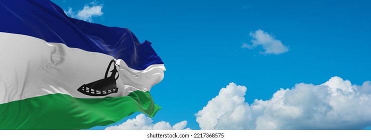 Flag Of Bantu Peoples Sotho People At Cloudy Sky Background, Panoramic View. Flag Representing Ethnic Group Or Culture, Regional Authorities. Copy Space For Wide Banner. 3d Illustration