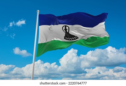 Flag Of Bantu Peoples Sotho People At Cloudy Sky Background, Panoramic View. Flag Representing Ethnic Group Or Culture, Regional Authorities. Copy Space For Wide Banner. 3d Illustration