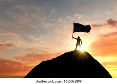 Flag Being Waved At The Top Of A Mountain Summit. 3D Rendering