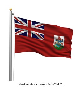 Flag of Bermuda with flag pole waving in the wind over white background