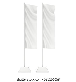 Flag Blank Expo Banner Stand. Trade show booth. 3d render illustration isolated on white background. Template mockup for your expo design.