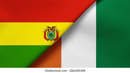 Flag of Bolivia and Cote d'Ivoire - 3D illustration. Two Flag Together - Fabric Texture