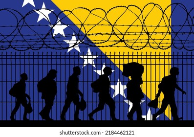 Flag Of Bosnia And Herzegovina - Refugees Near Barbed Wire Fence. Migrants Migrates To Other Countries.