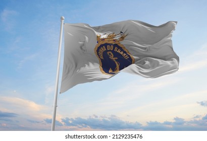 flag of the Brazilian Navy , Brazil at cloudy sky background on sunset, panoramic view. Brazilian travel and patriot concept. copy space for wide banner. 3d illustration