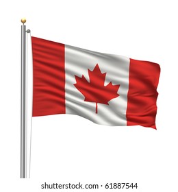 Flag Of Canada With Flag Pole Waving In The Wind Over White Background