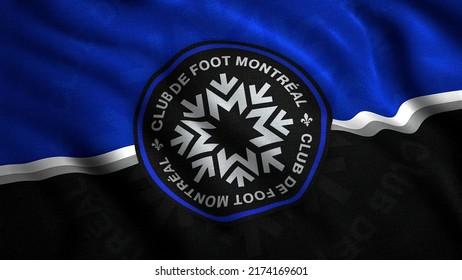 Flag of Canadian professional soccer club based in Montreal. Motion. Abstract realistic flag with the emblem of CF Montreal. For editorial use only.