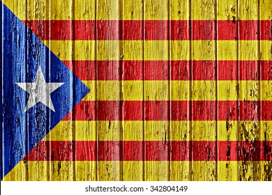 Flag Of Catalan Independence Movement Painted On Wooden Frame