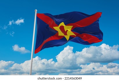 Flag Of Celtic Peoples Ulster Scots At Cloudy Sky Background, Panoramic View. Flag Representing Ethnic Group Or Culture, Regional Authorities. Copy Space For Wide Banner. 3d Illustration