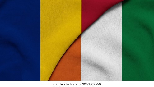 Flag of Chad and Cote d'Ivoire - 3D illustration. Two Flag Together - Fabric Texture