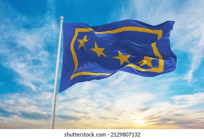 flag of the chief of staff of the Marina Militare, Italy at cloudy sky background on sunset, panoramic view. Italian travel and patriot concept. copy space for wide banner. 3d illustration