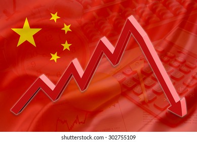 Flag of China with a background of an abacus, a calculator, a clock, a golden key, a golden egg and a red downtrend arrow indicates the stock market enter recession period.