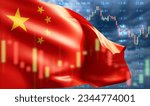 Flag of China. Economy of people republic of China. Graphs next to PRC flag. Economic quotes of Chinese companies. Chinese government bonds. Economic background. China financial market. 3d image