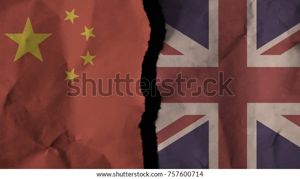 Flag of the china and united kingdom UK painted\
on old torn dirty wrinkled paper divided with crack ,conflict -\
relations concept
