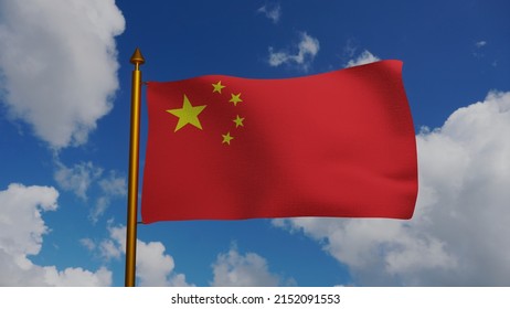 Flag Of China Waving 3D Render With Flagpole And Blue Sky, National Flag Of The Peoples Republic Of China, Five-starred Red Flag, Chinese Communist Revolution.