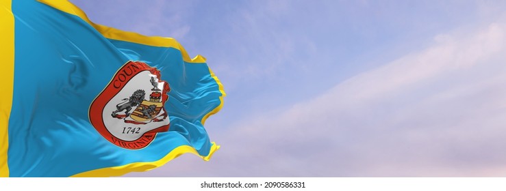 flag of county Fairfax, Virginia , USA at cloudy sky background on sunset, panoramic view, Patriotic concept about Fairfax, Virginia and copy space for wide banner. 3d illustration