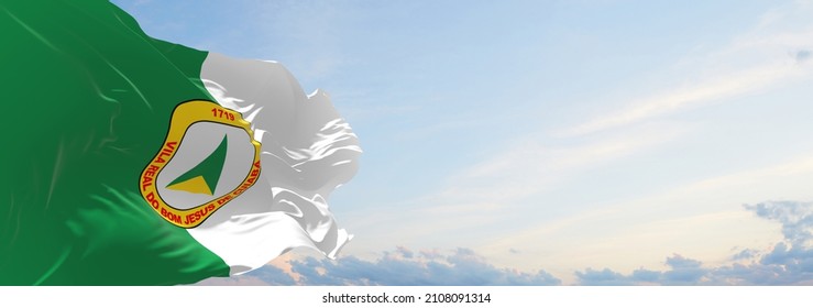 flag of Cuiaba , Brazil at cloudy sky background on sunset, panoramic view. Brazilian travel and patriot concept. copy space for wide banner. 3d illustration