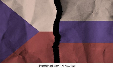 Flag Of The Czech Republic And Russia Painted On Old Torn Dirty Wrinkled Paper Divided With Crack ,conflict - Relations Concept