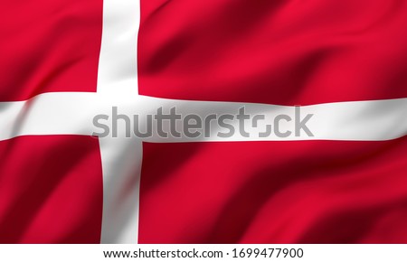 Flag of Denmark blowing in the wind. Full page Danish flying flag. 3D illustration.