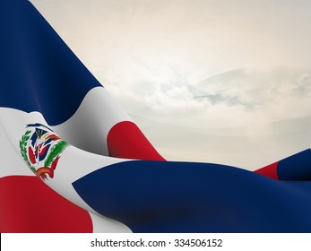 Flag of the Dominican Republic ,close up  with  sinuous motion wave on abstract background with waves and clouds