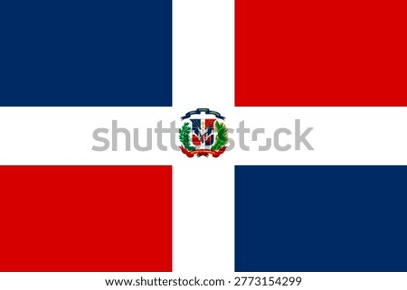 The flag of the Dominican Republic features a centered white cross dividing four rectangles: two blue and two red, with the national coat of arms in the center.