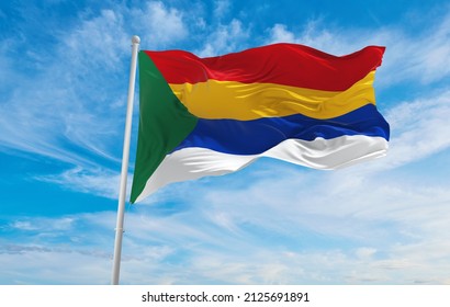 flag of Druze , Israel at cloudy sky background on sunset, panoramic view. Israeli travel and patriot concept. copy space for wide banner. 3d illustration