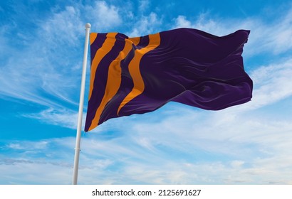 Flag Of The Dutch Ministry Of Defence , Netherlands At Cloudy Sky Background On Sunset, Panoramic View. Dutch Travel And Patriot Concept. Copy Space For Wide Banner. 3d Illustration