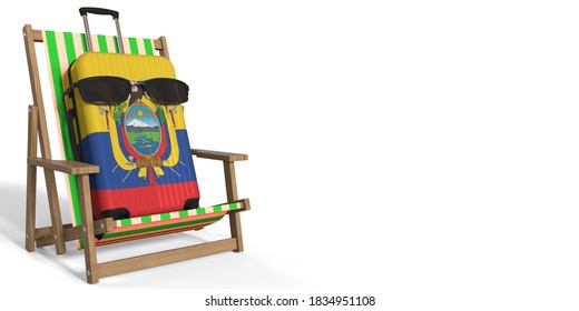 Flag Of Ecuador On Suitcase And Beach Chair. Travel Concept,  3D Rendering