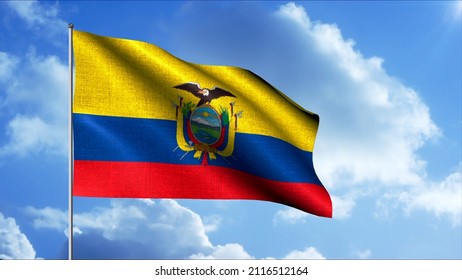 Flag Of Ecuador Waving In The Wind On Flagpole, Seamless Loop. Motion. Concept Of National Pride And History.