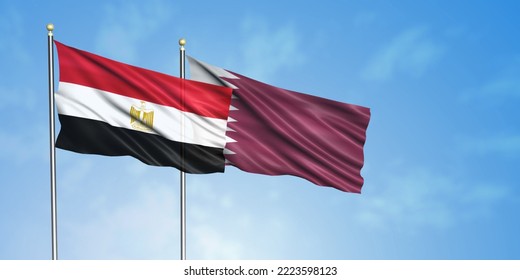 Flag Of Egypt And Flag Of Qatar,
3D Rendering With Blue Sky Background