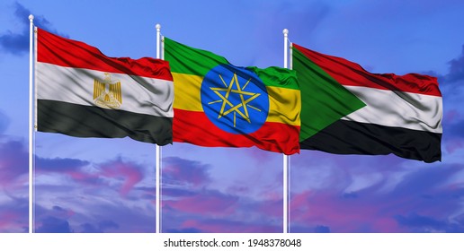 The Flag Of Egypt, Sudan And Ethiopia Is Flying In The Sky. The Dispute Over The Waters Of The Nile.3d Rendering