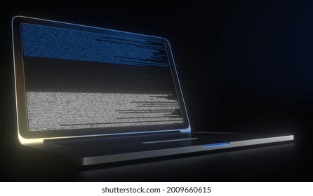 Flag Of Estonia Made With Computer Code On The Laptop Screen. Hacking Or Cybersecurity Related  3D Rendering