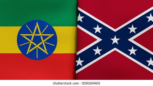 Flag of Ethiopia and Confederate - 3D illustration. Two Flag Together - Fabric Texture