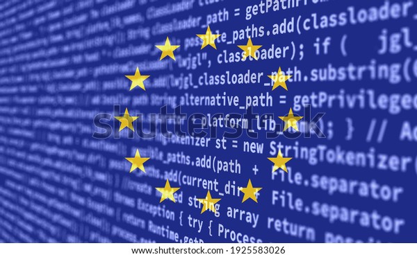 flag of European Union is depicted\
on the screen with the program code. The concept of modern\
technology and site development, code writting.\
Background