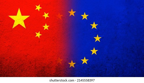 Flag Of The European Union With Peoples Republic Of China National Flag. Grunge Background