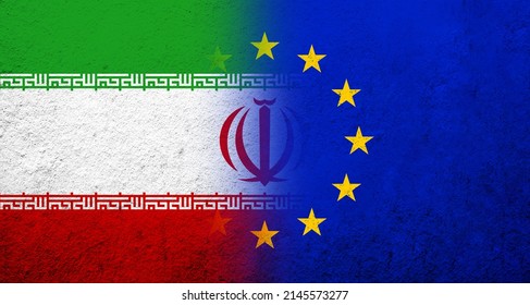 Flag Of The European Union With Republic Of Iran Persia National Flag. Grunge Background