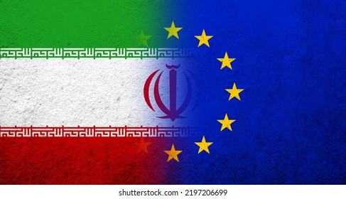 Flag Of The European Union With Republic Of Iran Persia National Flag. Grunge Background